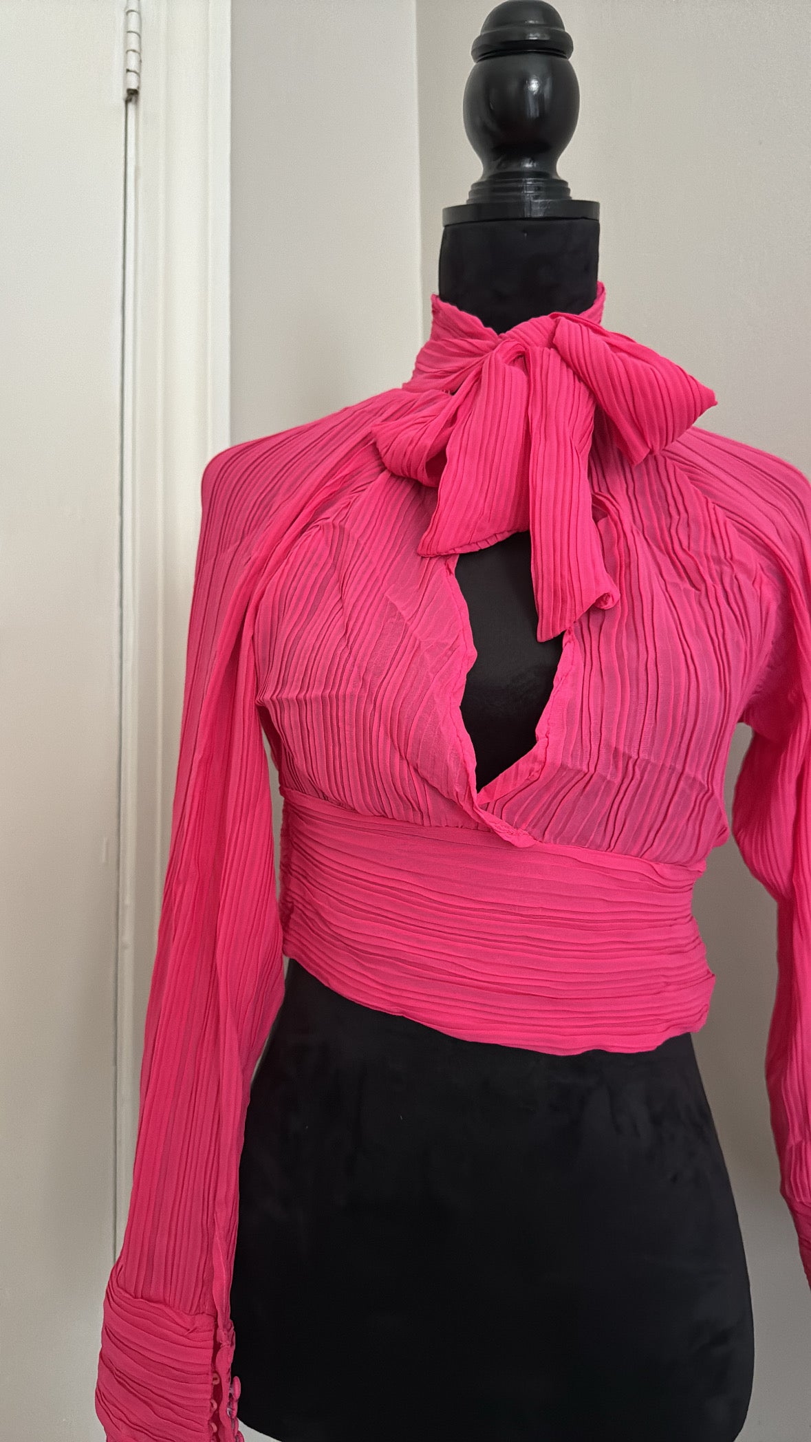 Hot Pink Pleated Tie Blouse